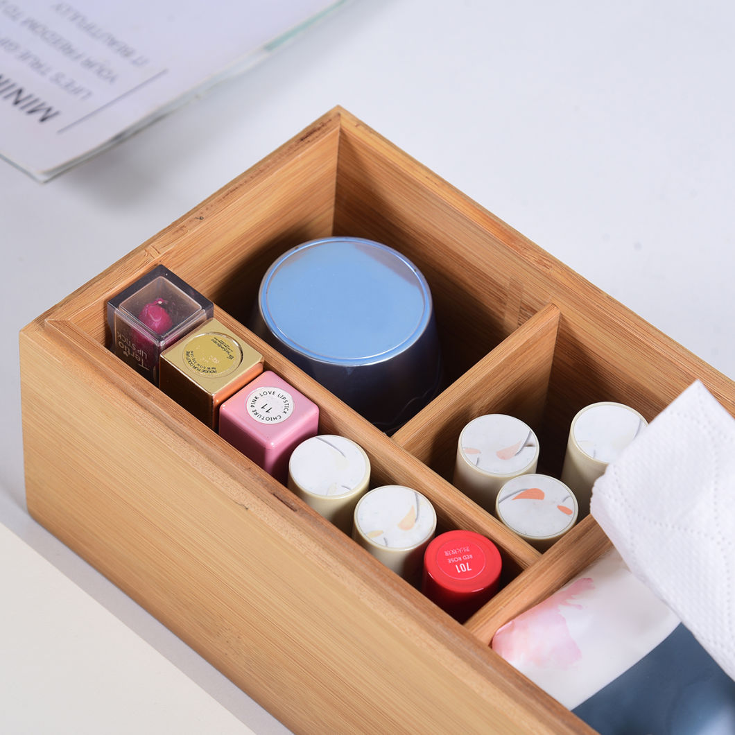 Multifunctional Bamboo Desk Organizer Storage Organizer with 4 Compartments and Lid