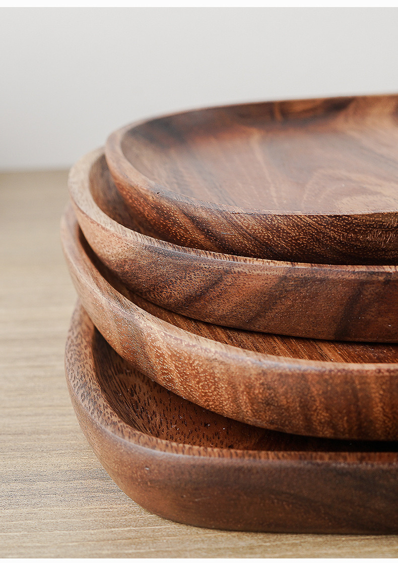 Manufacture Natural Oval and Round Shape Acacia Wood Dessert Tray Wood Food Dining Plate Set