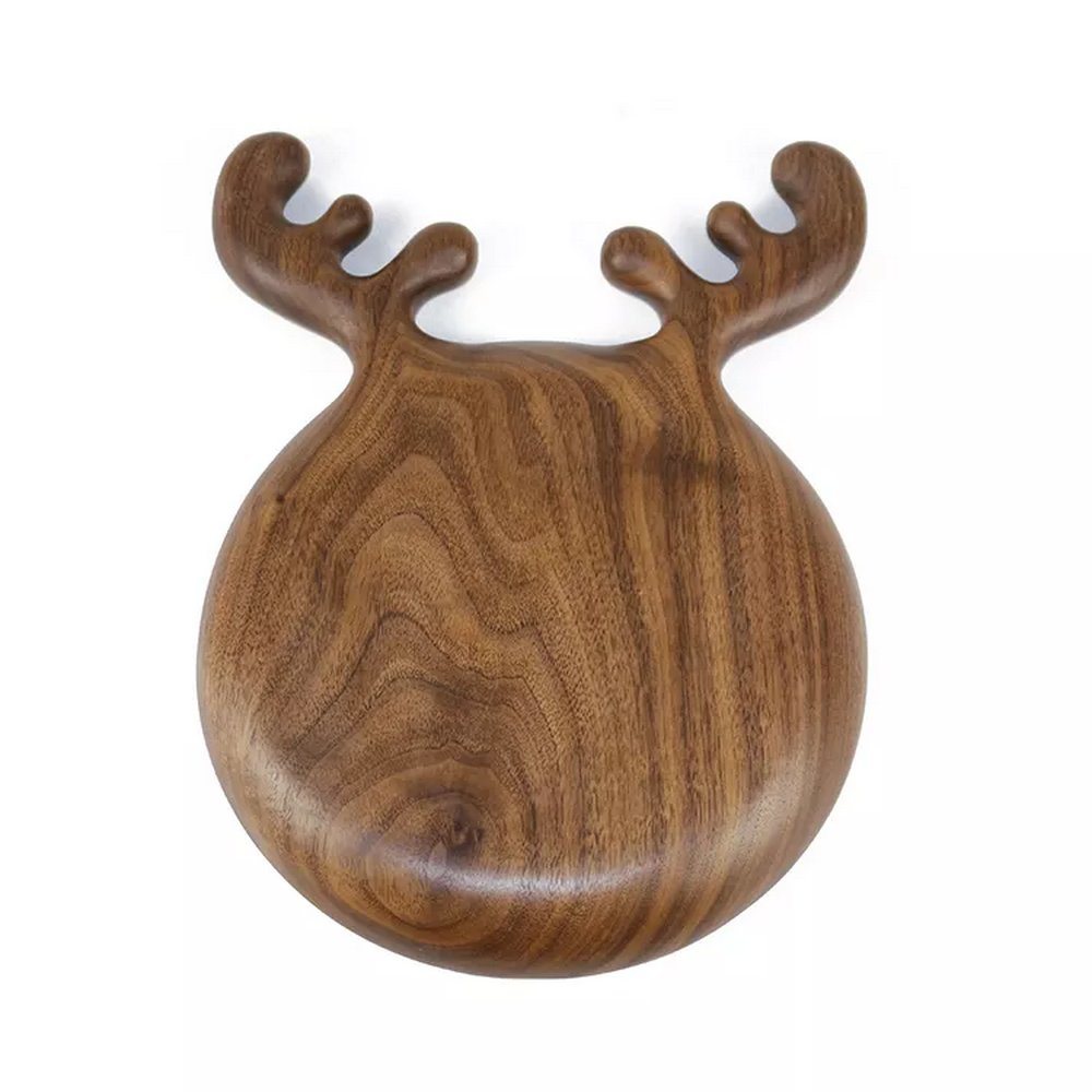 Christmas Cartoon Black Walnut Wooden Round Shape Fruit Candy Food Plate Serving Tray