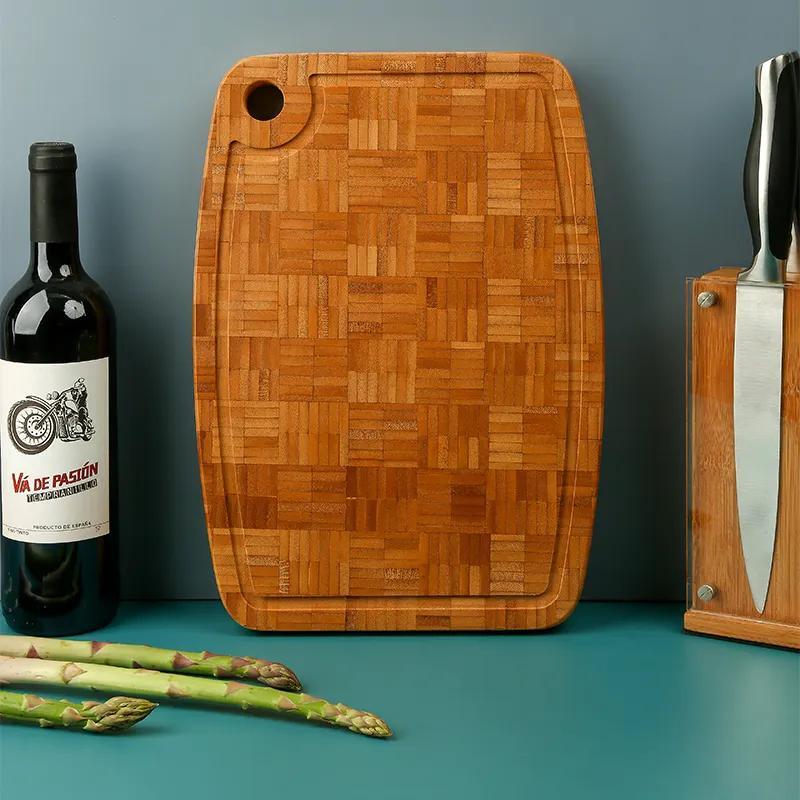 End Grain Thick Bamboo Cutting Board Chopping Blocks with Juice Grooves and Round Wall Hole