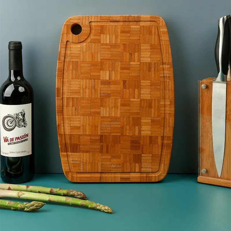 End Grain Thick Bamboo Cutting Board Chopping Blocks with Juice Grooves and Round Wall Hole