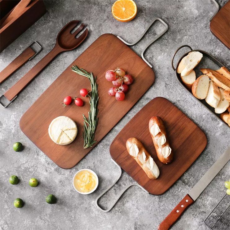 Acacia Wood Rectangle Serving Boards with Metal Hardware Handles