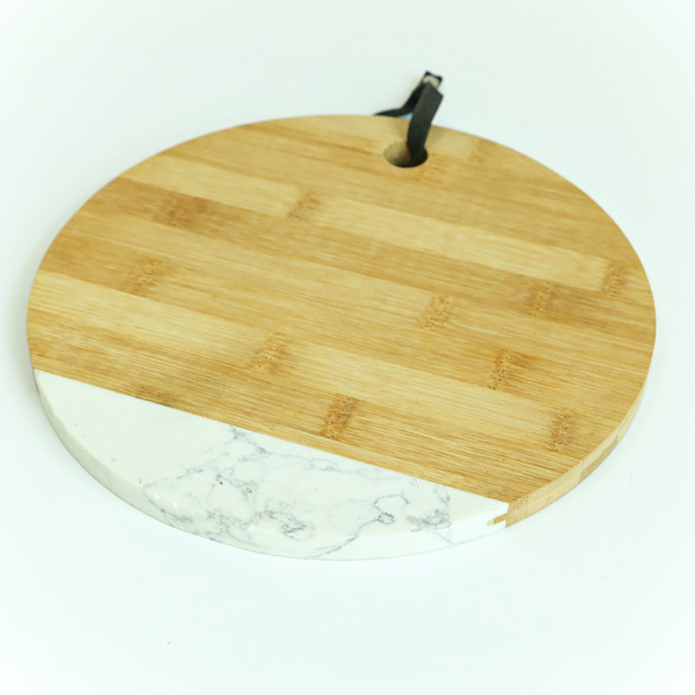 Large Round White Marble and Bamboo Serving Board Chopping Board