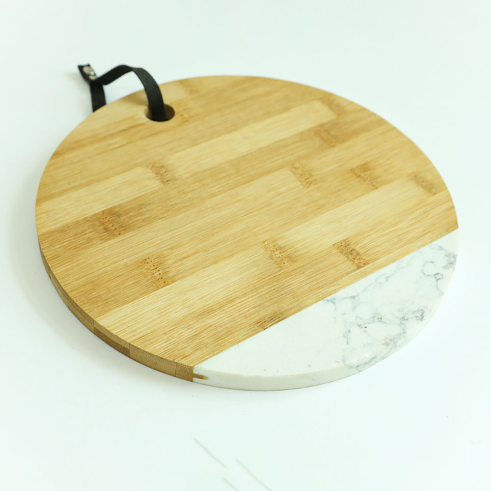 Large Round White Marble and Bamboo Serving Board Chopping Board
