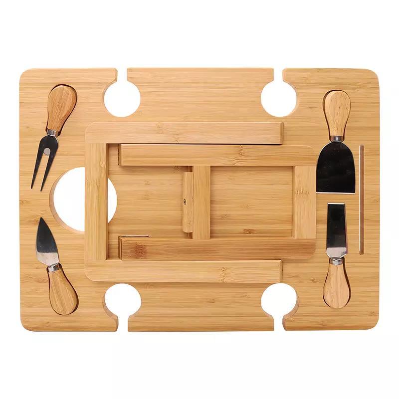 Portable Bamboo Wine Holder Table Outdoor Table Picnic Table with Folding Legs and Knife Set