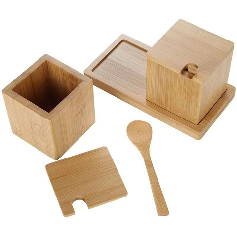 Bamboo Spice Box Kitchen Spice Box with Wooden Spoon Household Wooden Spice Storage Box Set with Small Tray