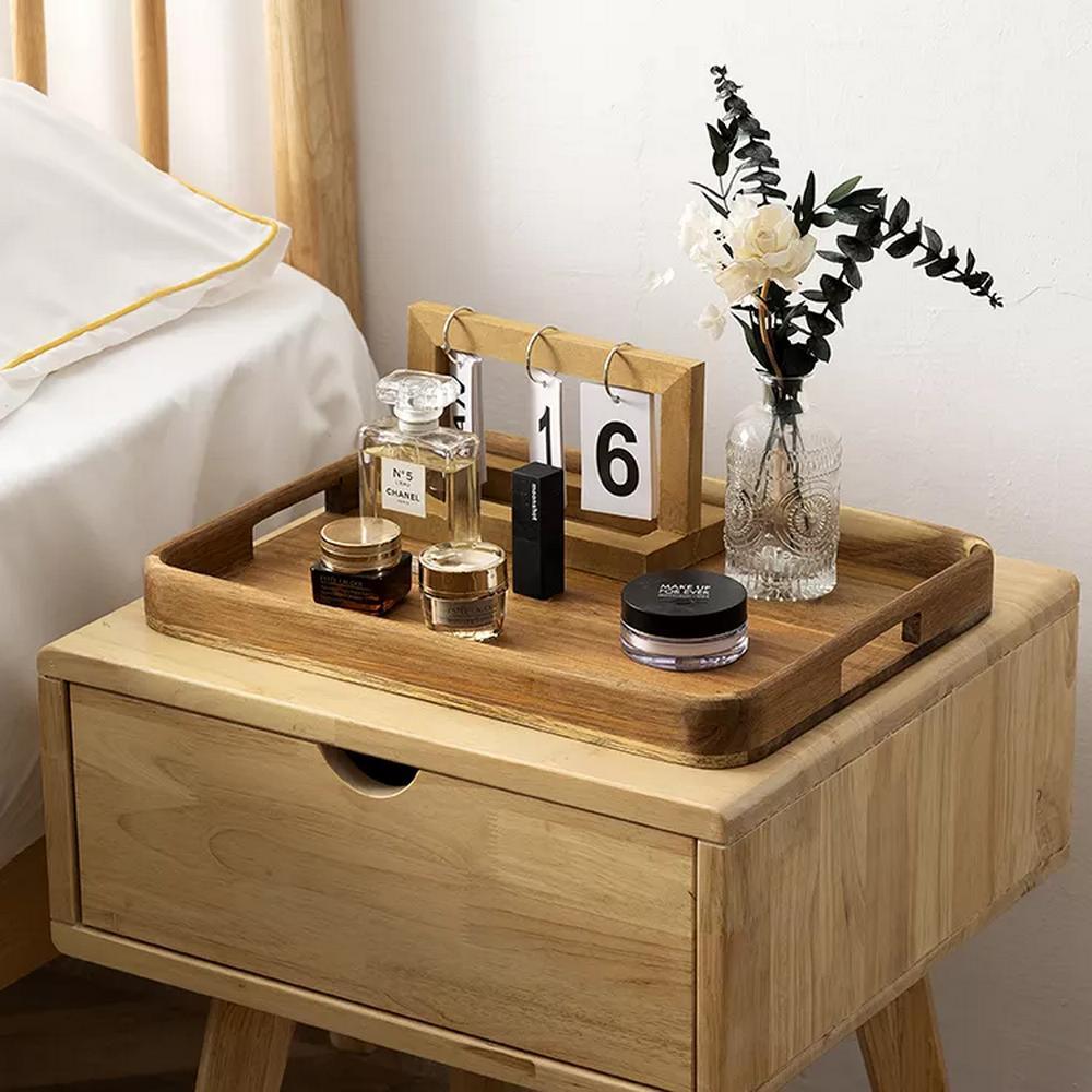 Natural Acacia Wooden Serving Tray with Handle for Coffee Tea Cake Breakfast