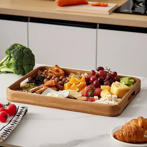 Natural Acacia Wooden Serving Tray with Handle for Coffee Tea Cake Breakfast