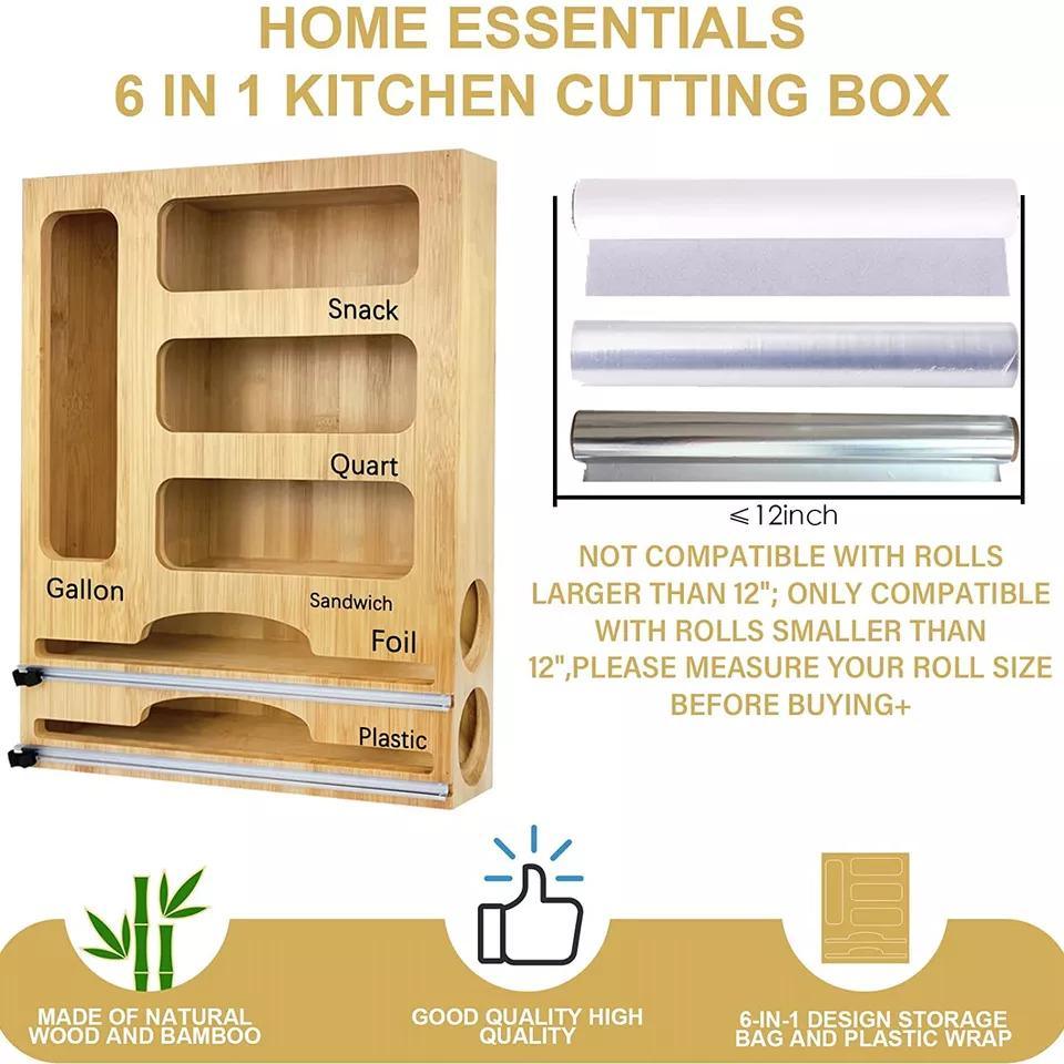 6 in 1 Bamboo Ziplock Bag Roll Storage Organizer Dispenser Container for Gallon Quart Sandwich Snack Wax Plastic Parchment