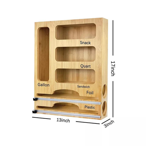 6 in 1 Bamboo Ziplock Bag Roll Storage Organizer Dispenser Container for Gallon Quart Sandwich Snack Wax Plastic Parchment