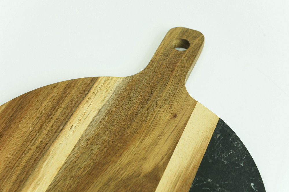 Round Acacia Wood and Black Marble Serving Board Cheese Board Charcuterie Board with Handle
