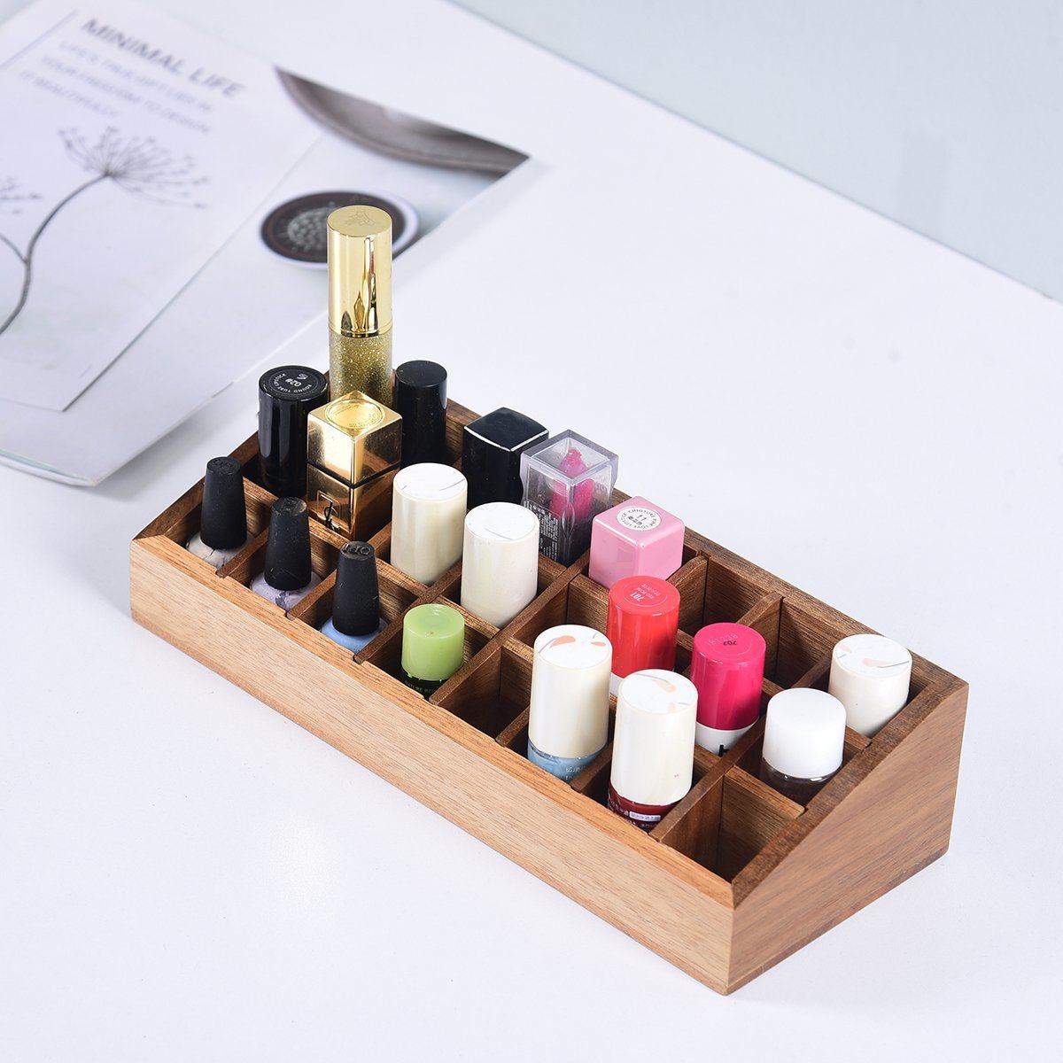 24 Spaces Bamboo Wood Lipstick Organizer Lipstick Holder Display Stand