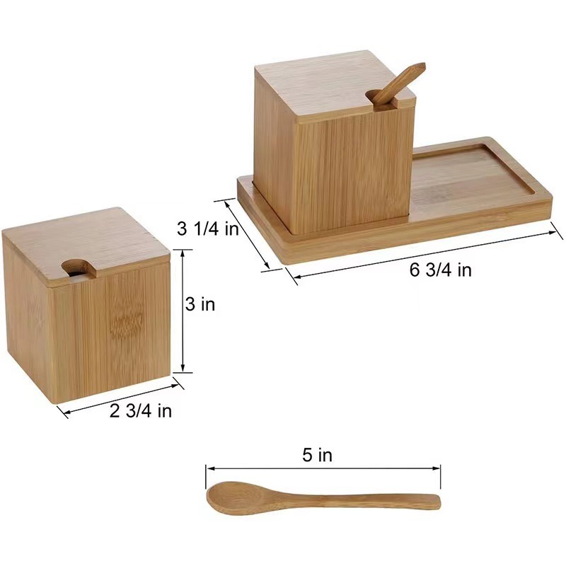 Bamboo Spice Box Kitchen Spice Box with Wooden Spoon Household Wooden Spice Storage Box Set with Small Tray