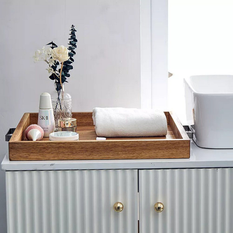 Acacia Wood Serving Tray with Metal Handles for Food Breakfast Coffee Cake