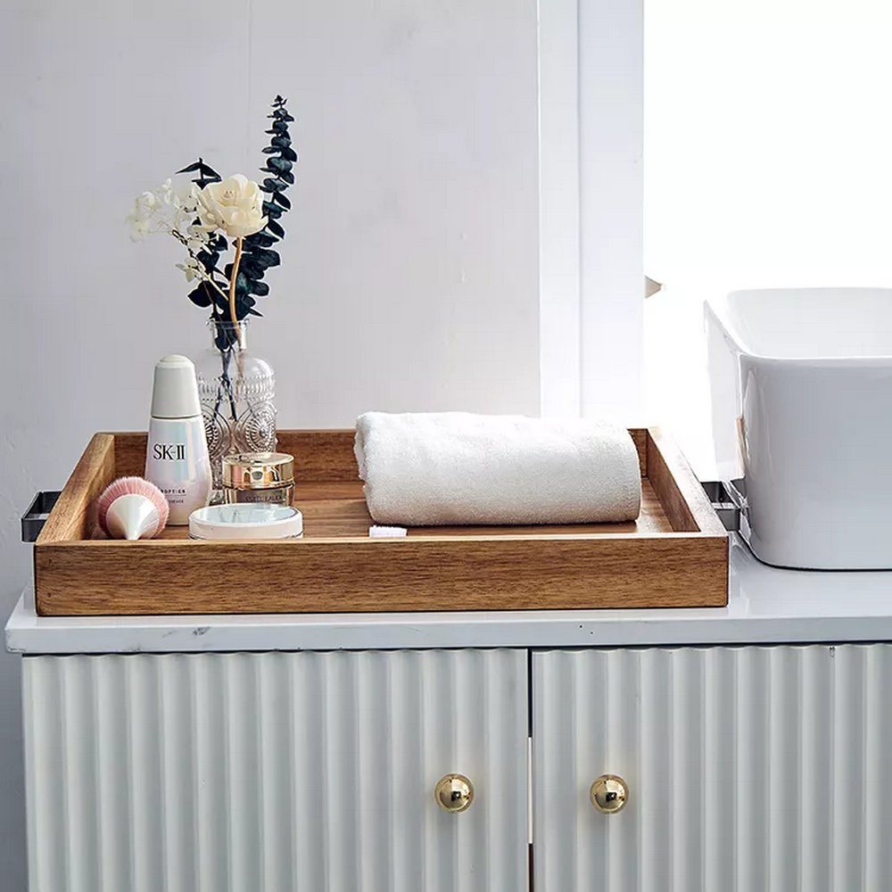 Acacia Wood Serving Tray with Metal Handles for Food Breakfast Coffee Cake