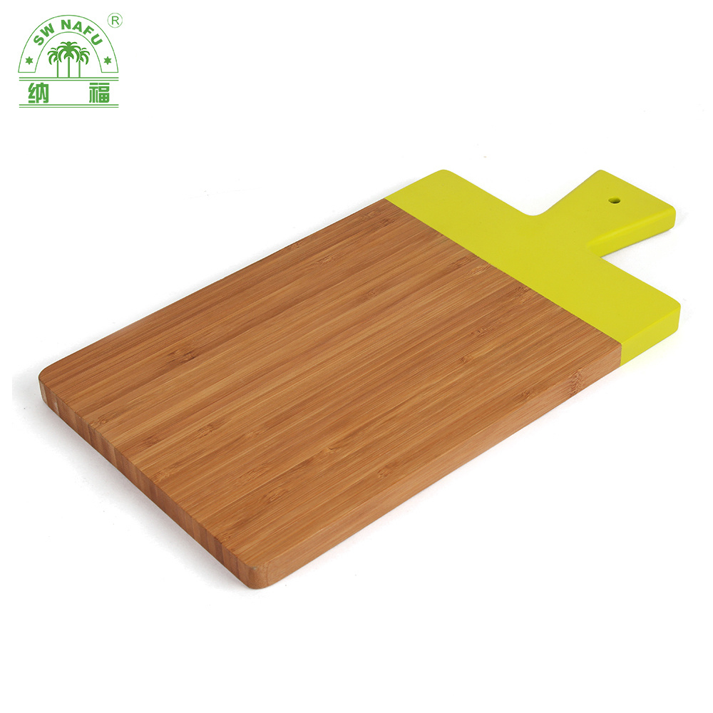 Unique Design Paddle Shape Thick Color Coding Bamboo Pizza Cheese Cutting Board with Handle