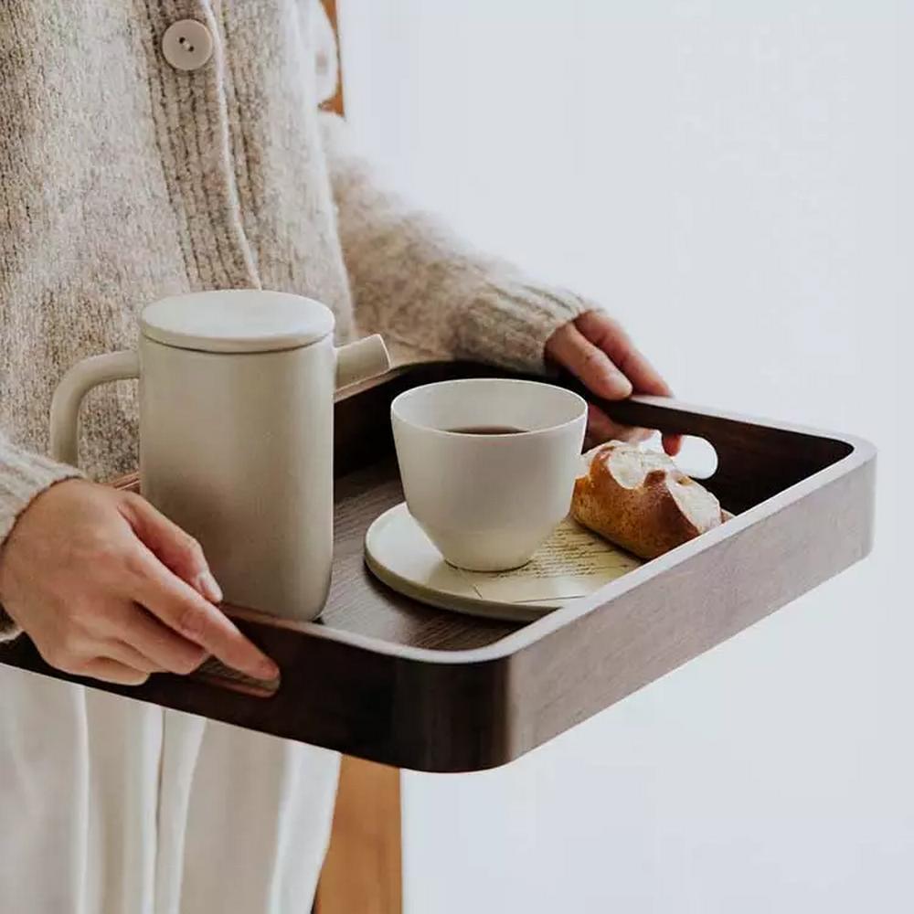 Custom Black Walnut Wood Serving Tray with Handles for Food Cake Breakfast Coffee