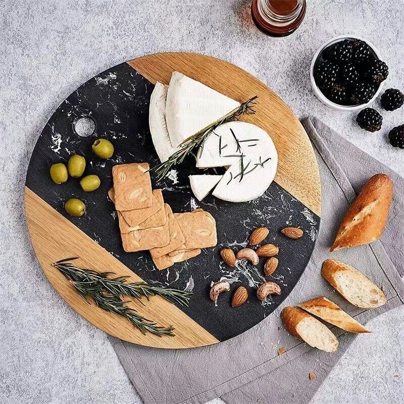 Round Bamboo Cutting Board Cheese Board with Black Marble in The Middle