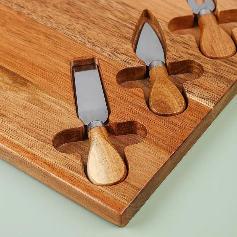 Acacia Wooden Cheese Board and Charcuterie Serving Board Platter with 3 Knives and Ceramic Bowl