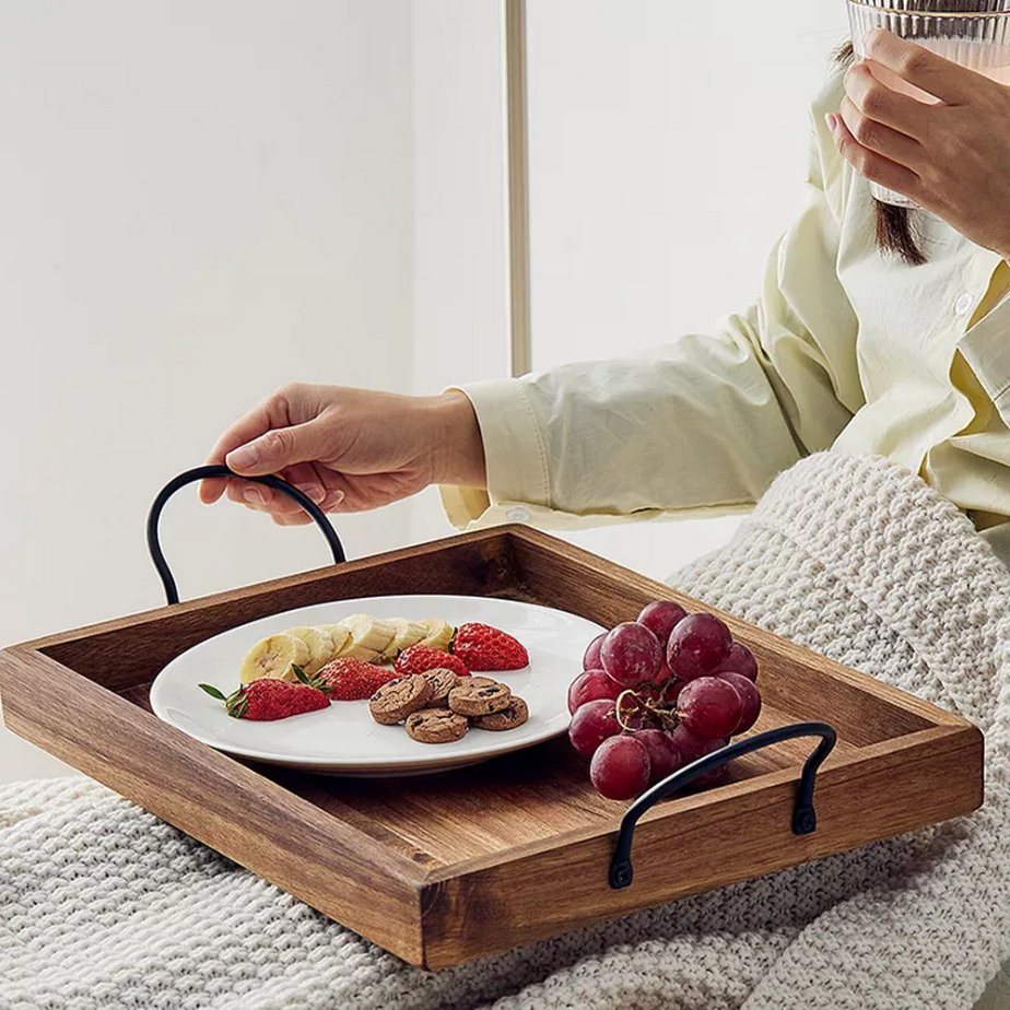 Custom Acacia Wooden Serving Tray with Metal Handles for Breakfast Cake Coffee Food