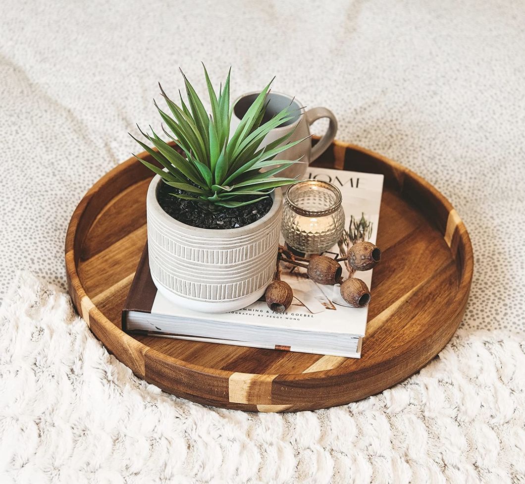 Decorative 15.7′ ′ Round Acacia Wood Serving Tray Coffee Table Tray