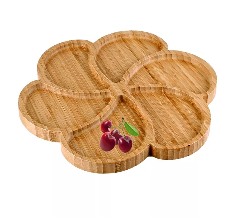 Multifunctional Flower Shape Bamboo Plate Bamboo Snack Tray with Dividers Parts