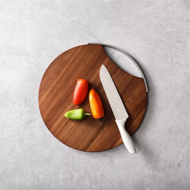 Custom Metal Handle Round Chopping Block Acacia Wood Cutting Board