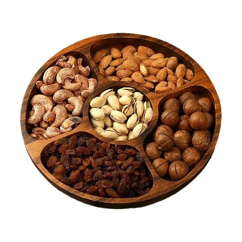Round Acacia Wooden Nuts Fruit Snack Appetizer Serving Tray Plate Dish with Divided 5 Compartments