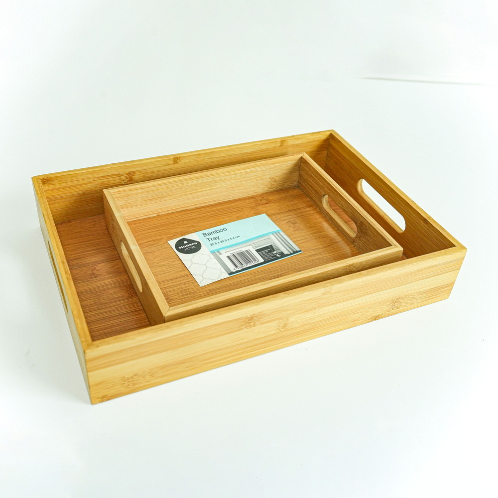 Rectangular Large and Medium Nested Bamboo Wooden Serving Tray Set for Kitchen with Cut out Handles