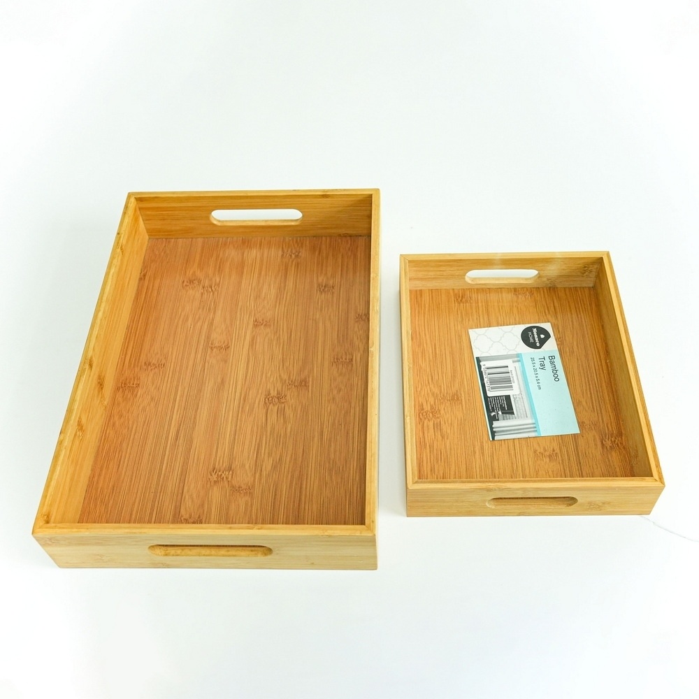 Rectangular Large and Medium Nested Bamboo Wooden Serving Tray Set for Kitchen with Cut out Handles