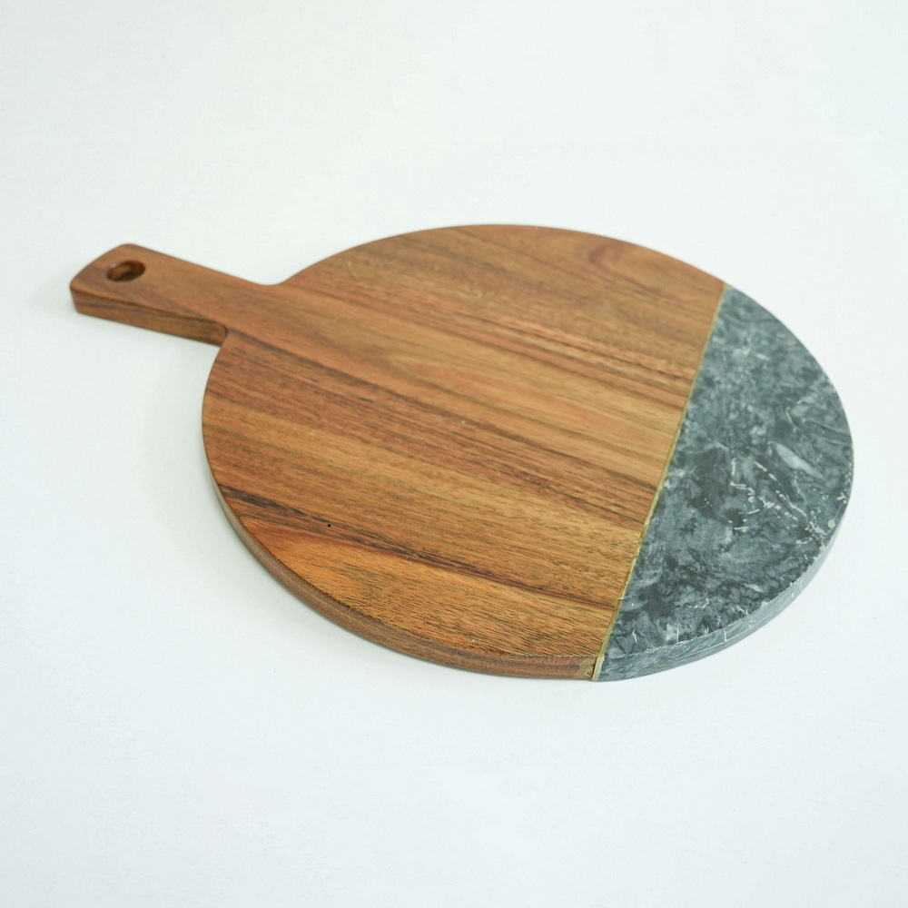 Large Round Marble and Acacia Wood Serving Board Cheese Board Charcuterie Board with Handle