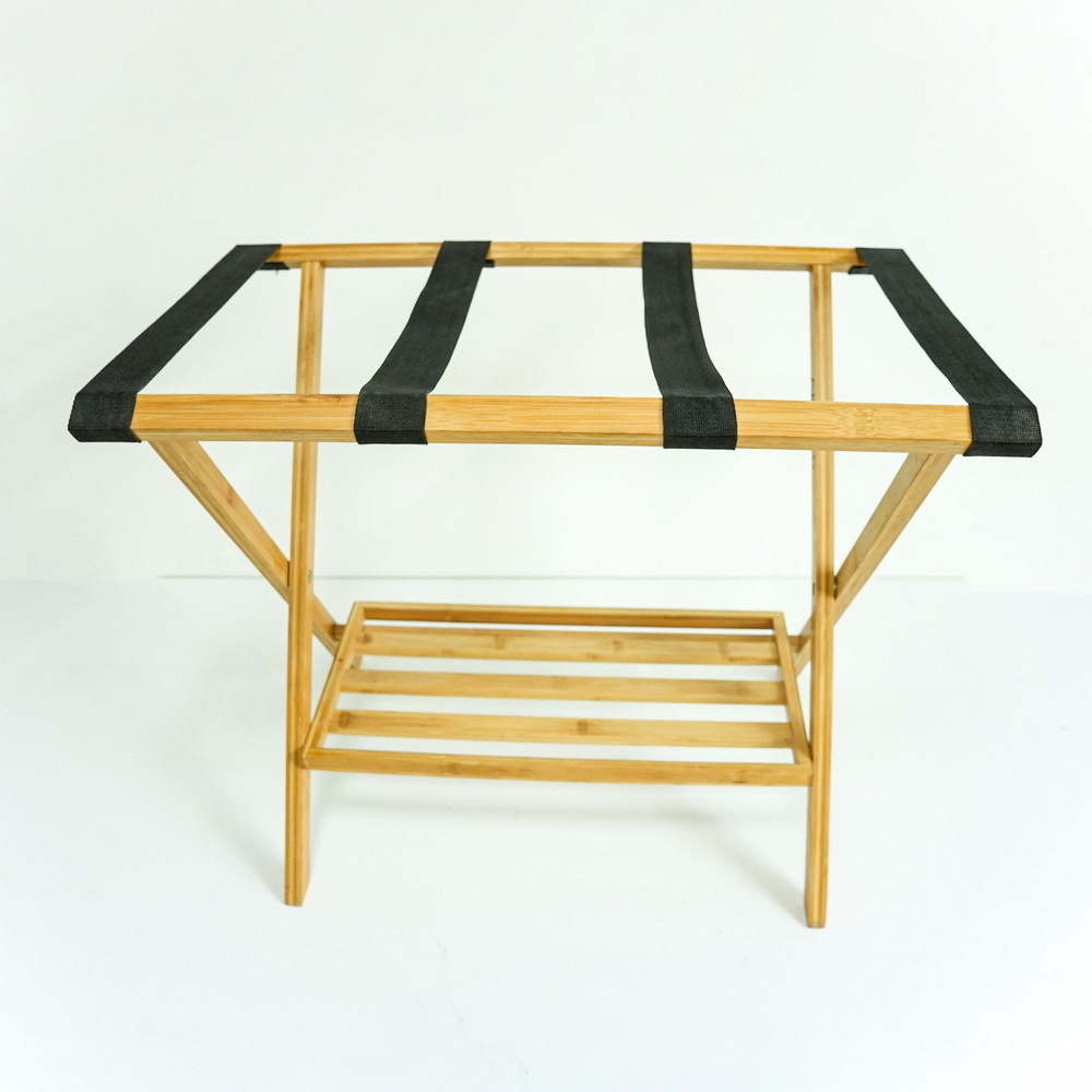 Folding Bamboo Wooden Luggage Rack Luggage Holder with 4 Nylon Straps for Hotel and Home