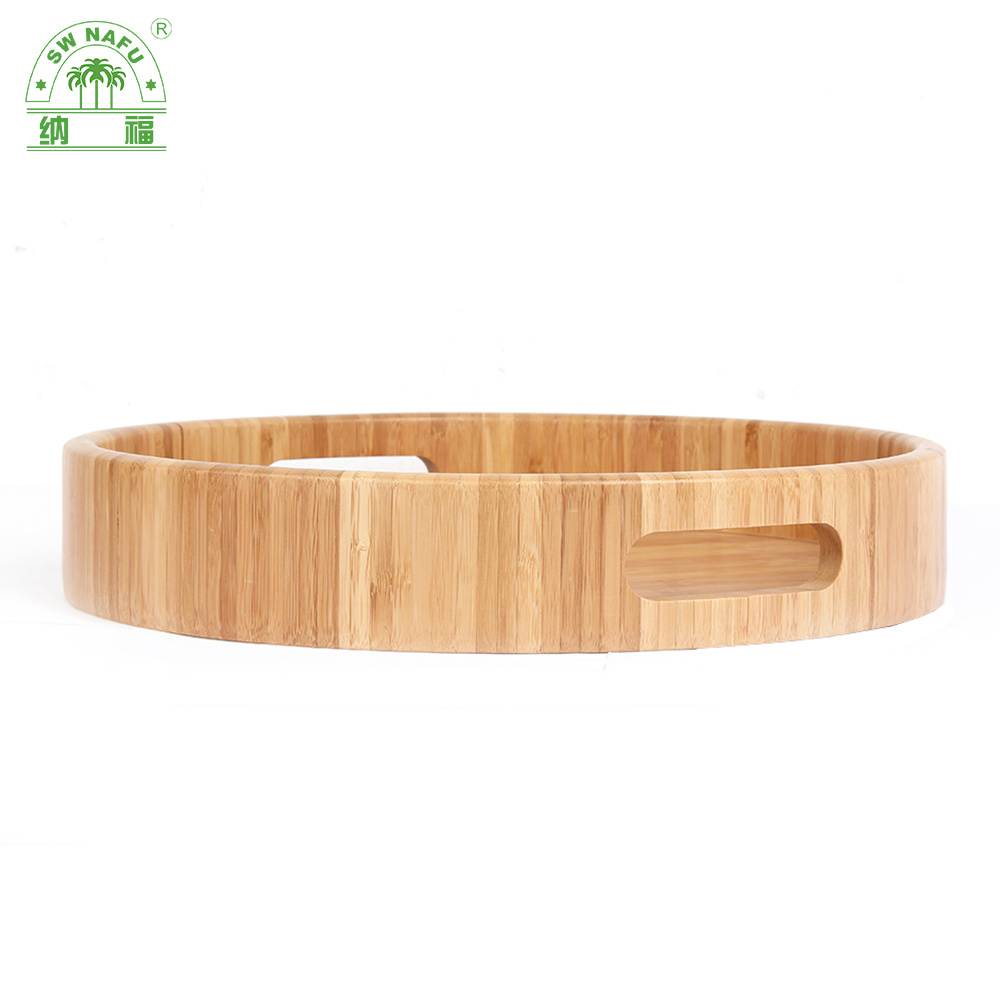 Round Shape Bamboo Serving Tray Food Tray with Cut out Handle From Fujian Factory