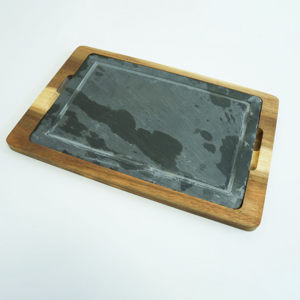 Wholesale Acacia Wood and Slate Cheese Board Set with Cheese Knives