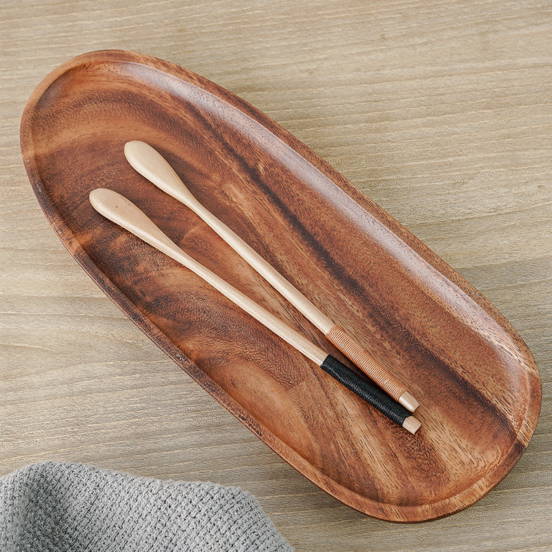 Manufacture Natural Oval and Round Shape Acacia Wood Dessert Tray Wood Food Dining Plate Set