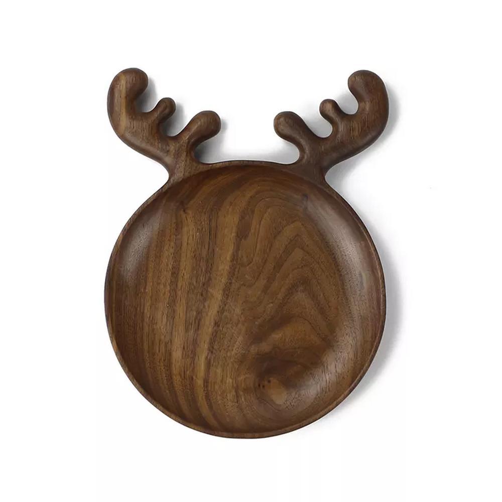 Christmas Cartoon Black Walnut Wooden Round Shape Fruit Candy Food Plate Serving Tray