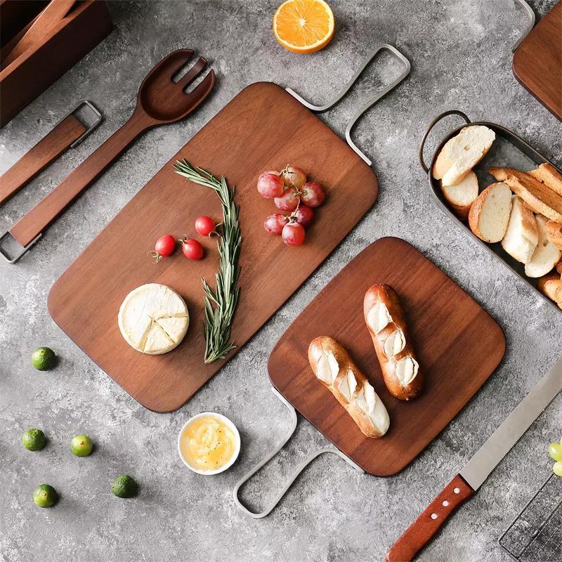 Acacia Wood Rectangle Serving Boards with Metal Hardware Handles