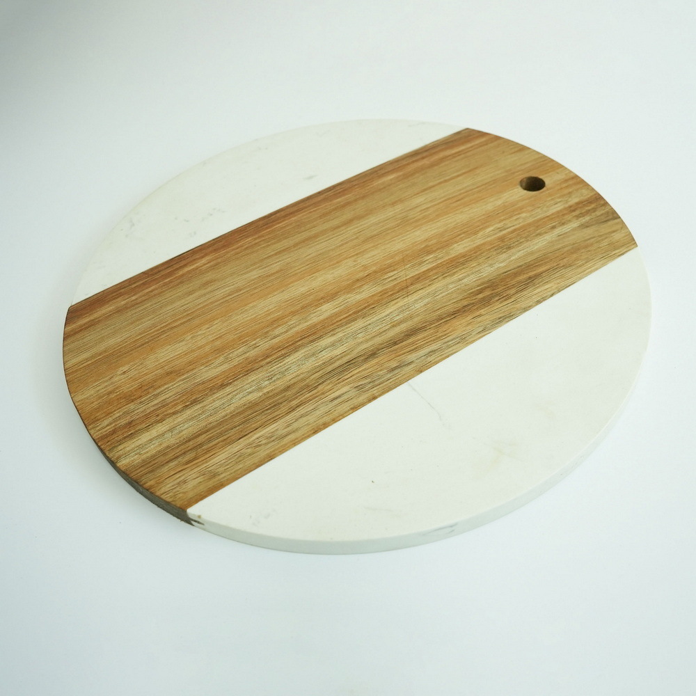 12 Inch Round Marble and Wood Cutting Board Cheese Charcuterie Serving Tray for Appetizers, Tapas, Meat