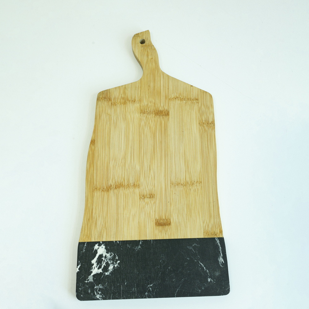 Paddle Shape Black Marble and Bamboo Serving Board Serving Tray for Cheese / Charcuterie / Bread
