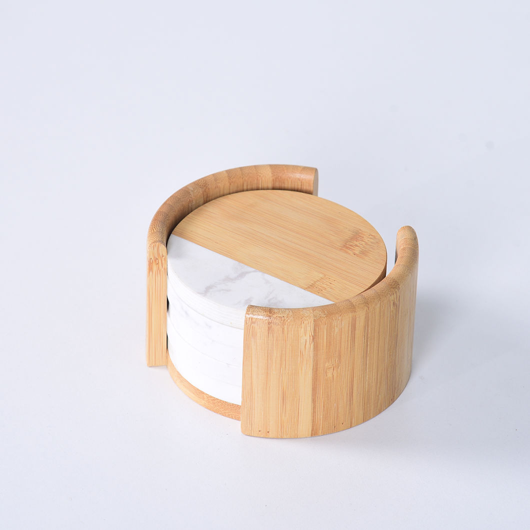 Modern and Natural White Marble and Wood Coaster with Holder