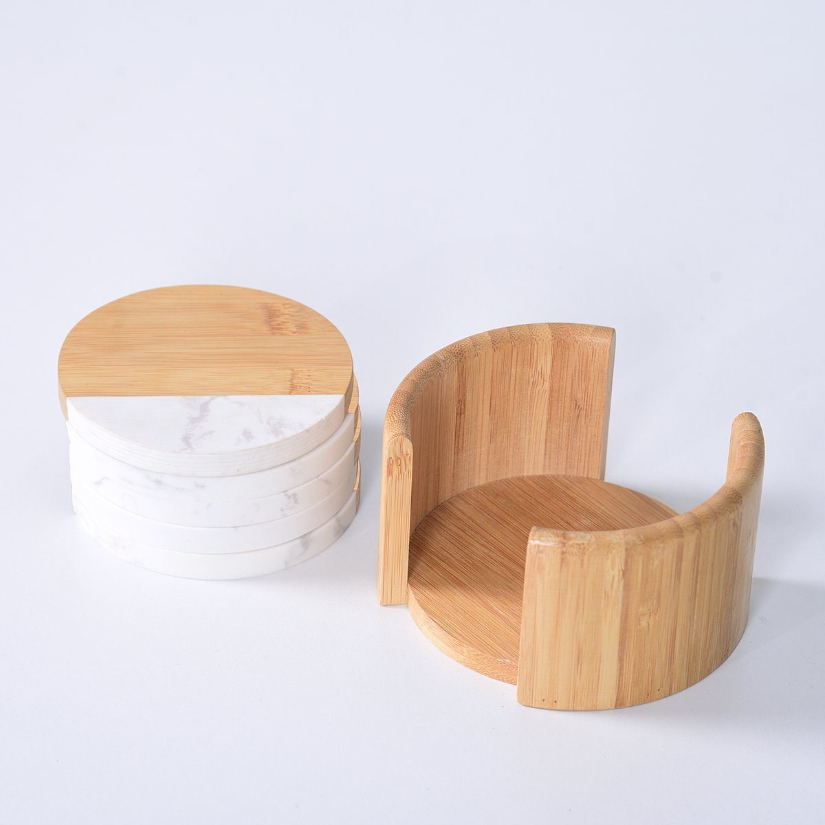 Modern and Natural White Marble and Wood Coaster with Holder