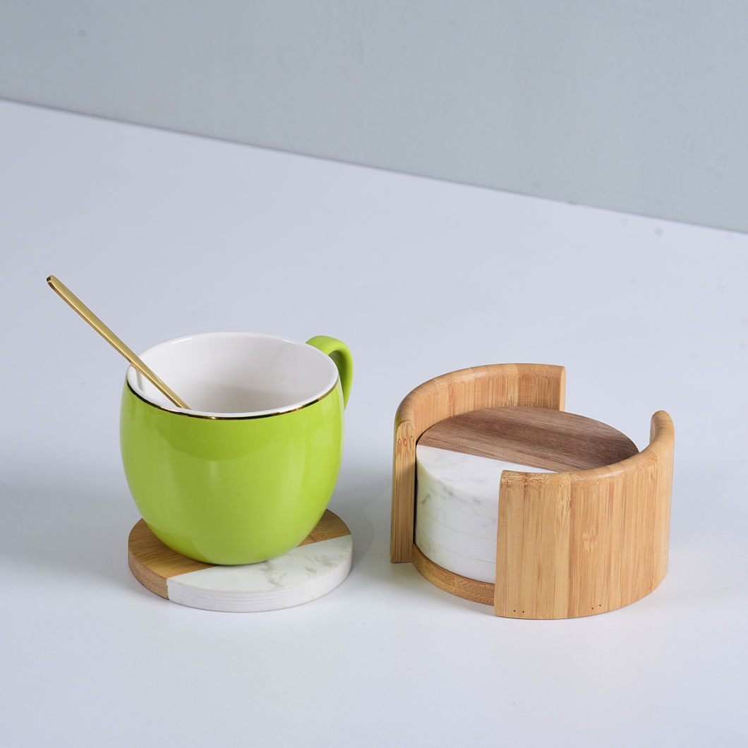 Modern and Natural White Marble and Wood Coaster with Holder