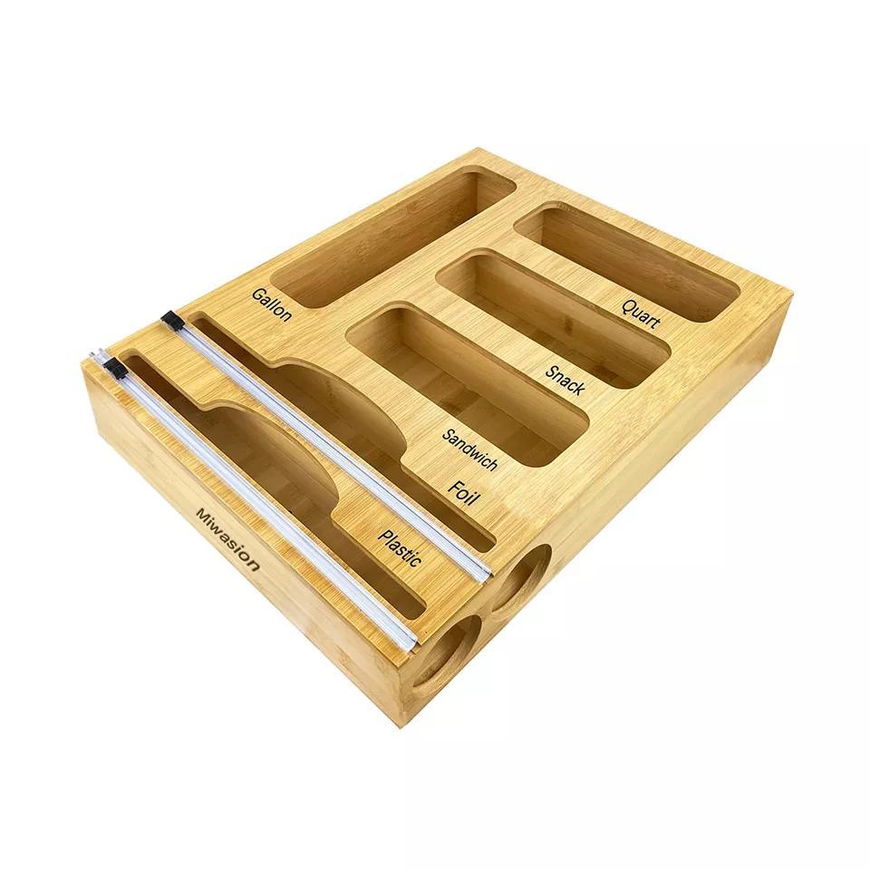 6 in 1 Bamboo Ziplock Bag Roll Storage Organizer Dispenser Container for Gallon Quart Sandwich Snack Wax Plastic Parchment