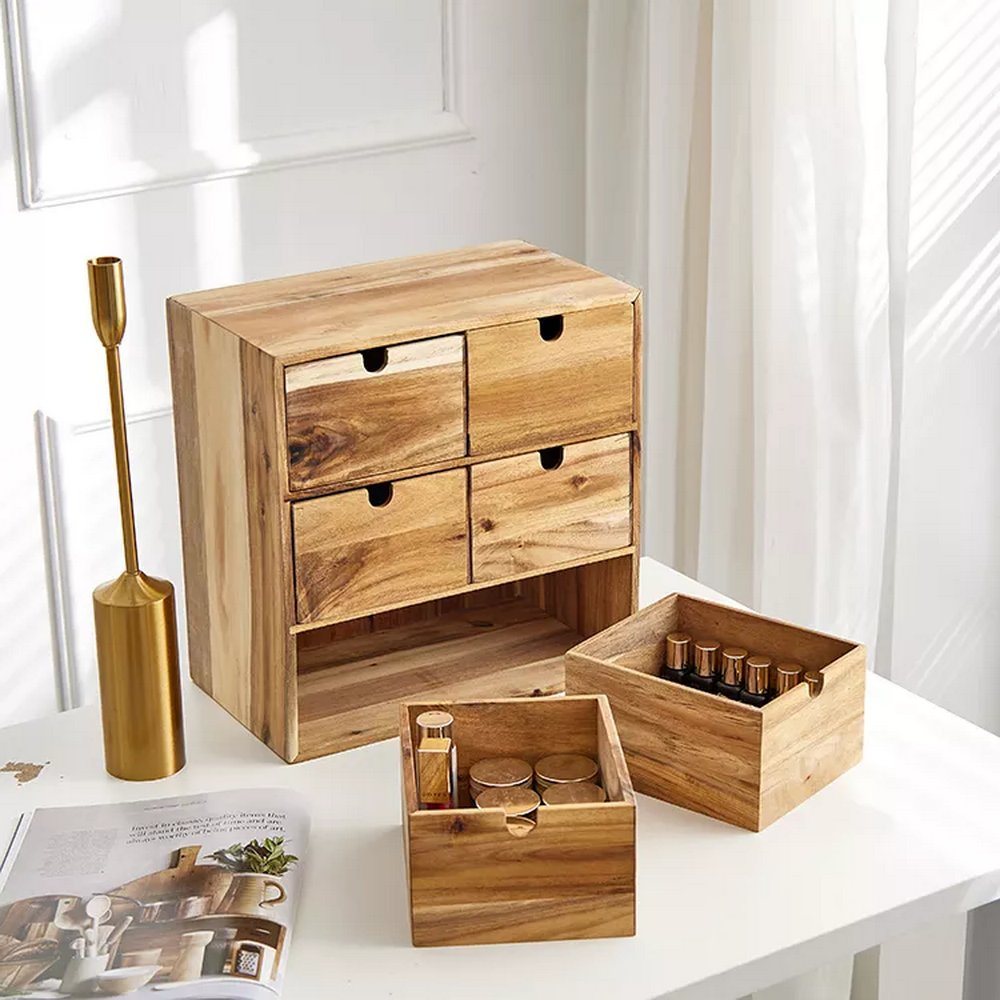 Custom Acacia Wood 3 Tier 6 Grid Sundries Storage Organizer Box Drawer