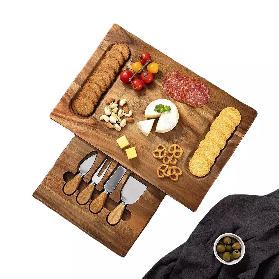 Acacia Wood Cheese Board and Knife Set Platter Serving Tray Charcuttery Meat Platter with Knife Set