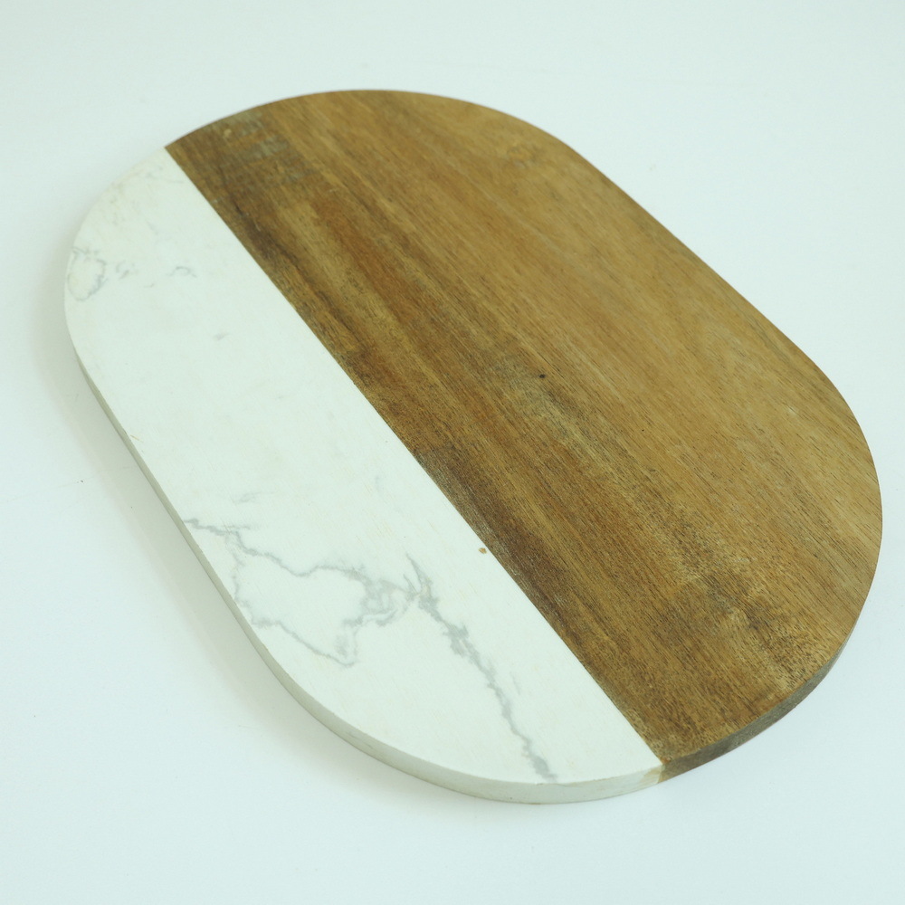 Oval Shape Acacia Wood and White Marble Cutting Board Cheese Board Serving Board