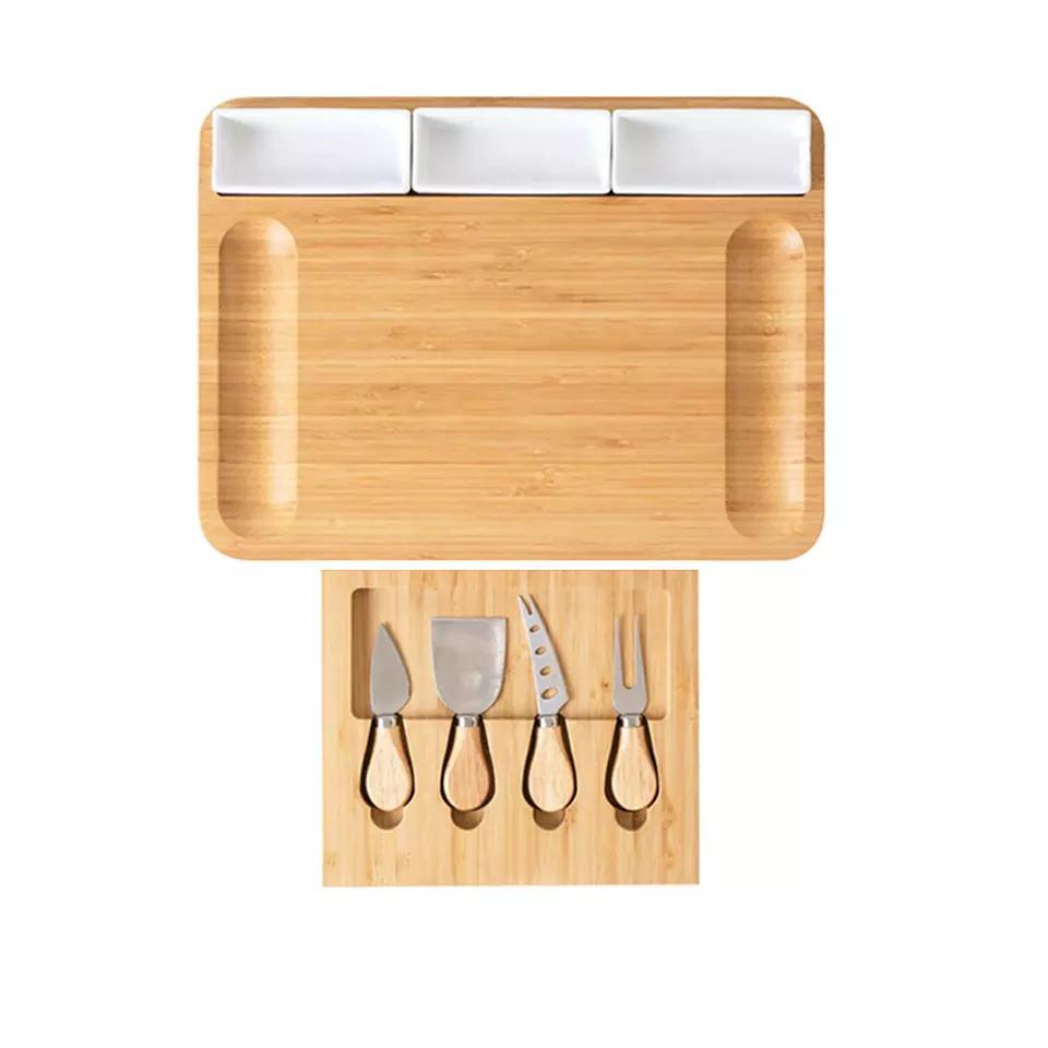 Rectangle Bamboo Cheese Board with 4 knives and 3 Ceramic Mugs for Picnic, Gifts and Kitchen