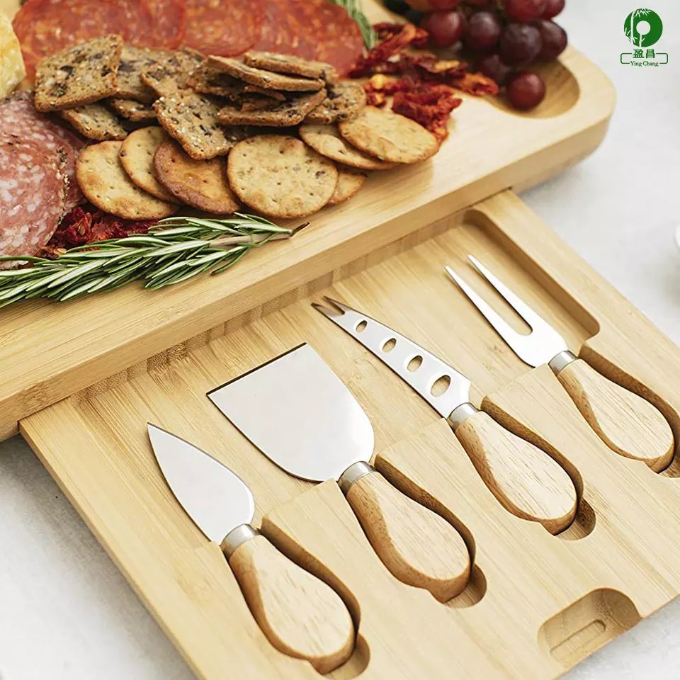 Rectangle Bamboo Cheese Board with 4 knives and 3 Ceramic Mugs for Picnic, Gifts and Kitchen