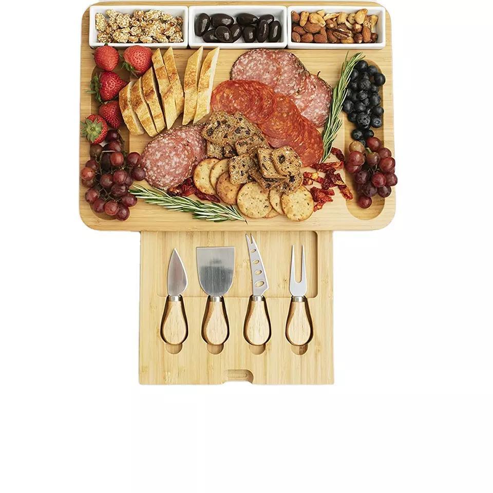 Rectangle Bamboo Cheese Board with 4 knives and 3 Ceramic Mugs for Picnic, Gifts and Kitchen