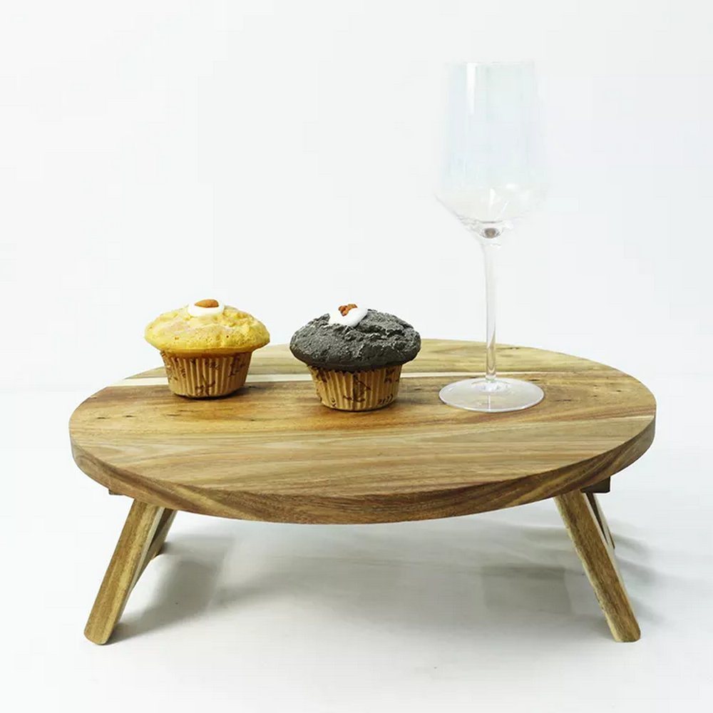 Wholesale Folding Portable Acacia Wood Serving Tray Outdoor Picnic Serving Table for Fruit Food